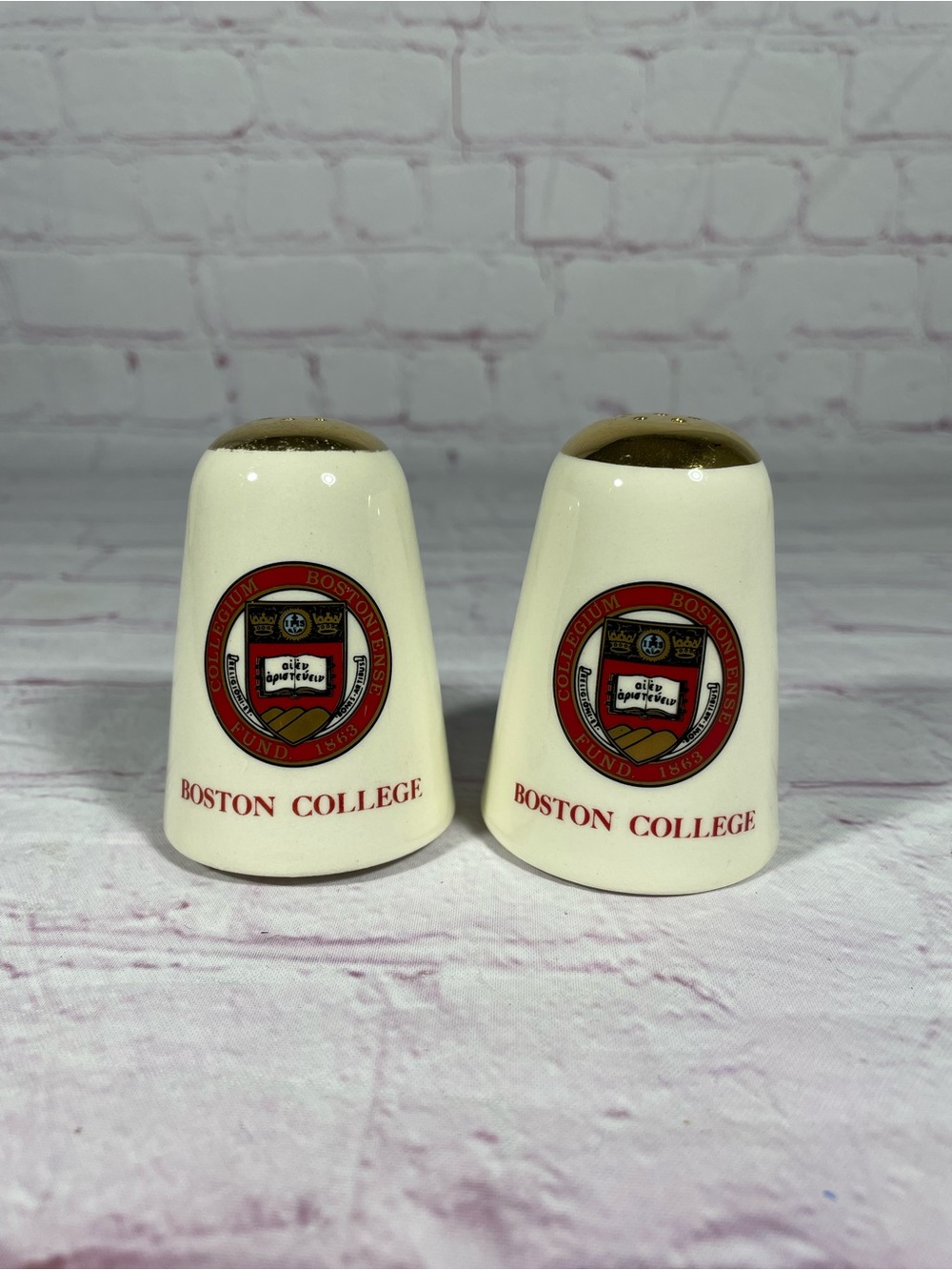 Vintage Boston College Ceramic Salt and Pepper Shaker Pair Gold Trim